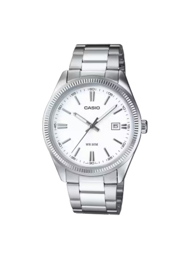 Casio MTP-1302D-7A1VDF Men’s Watch – White Dial, Stainless Steel Bracelet, Quartz, Date, Mineral Glass, 50m Water Resistance